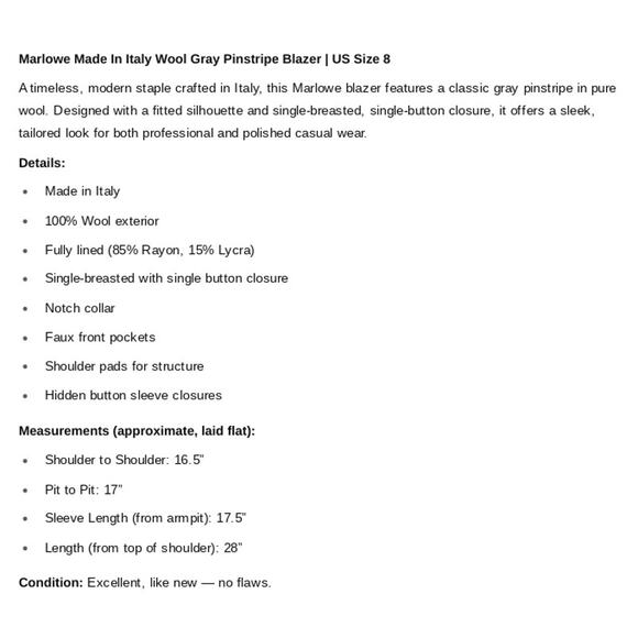 Marlowe SZ 8 Women's Made In Italy Wool Gray Pinstripe Blazer - Picture 8 of 8